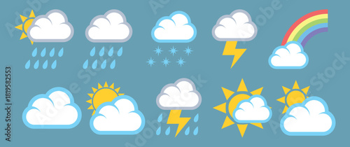  weather icons set showing sun, clouds, rain, snow, thunder, and rainbow on a blue background. Perfect for forecast apps, climate  and educational projects. Simple and bright mete