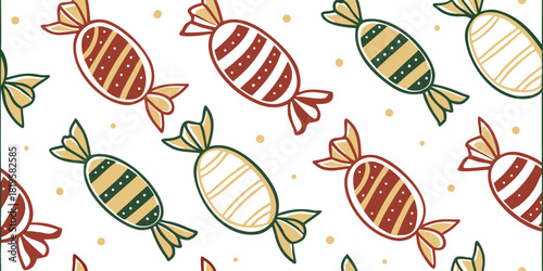 Playful seamless candy pattern in red, green, and gold on a white background. Perfect for Christmas wrapping paper, festive packaging, and holiday design projects. Sweet and cheerful seasonal 