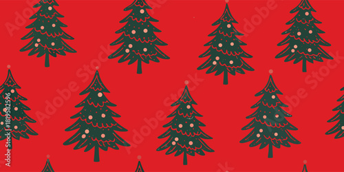 Festive seamless Christmas tree pattern on a bright red background, perfect for holiday wrapping paper, textiles, and digital designs. Classic seasonal decor with cheerful green pine trees. Ideal for 