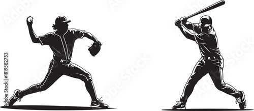 Dynamic baseball pitcher and batter silhouettes in action