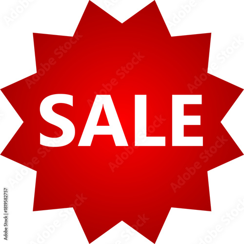 Red starburst sale sign with bold white text for advertising discounts and promotions.