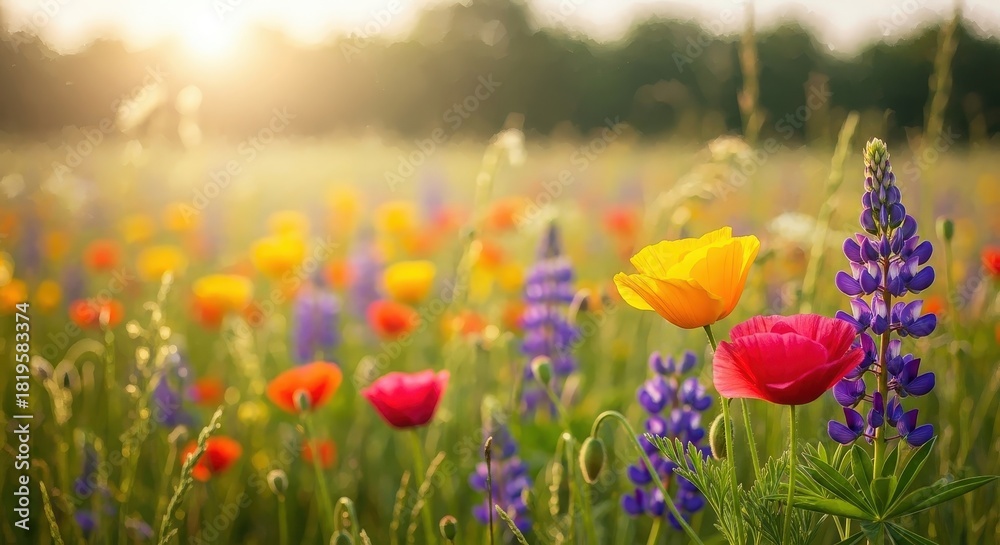 Obraz premium Beautiful vibrant wildflowers, poppies and lupines, glowing in a sunlit meadow at golden hour