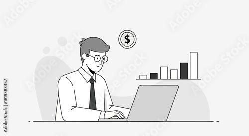 Businessman Working on Laptop with Rising Financial Chart and Dollar Sign Icon Business and Finance Concept