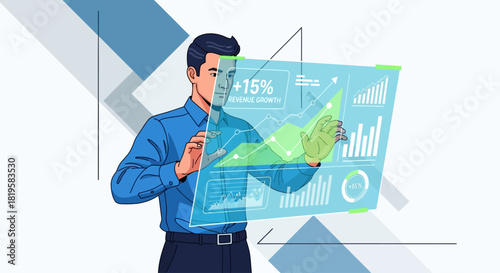 Businessman Analyzing Financial Data on Futuristic Transparent Screen