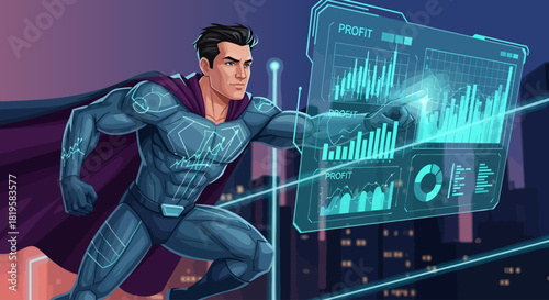 Superhero Financial Analyst Monitoring Profit Growth in Modern Cityscape
