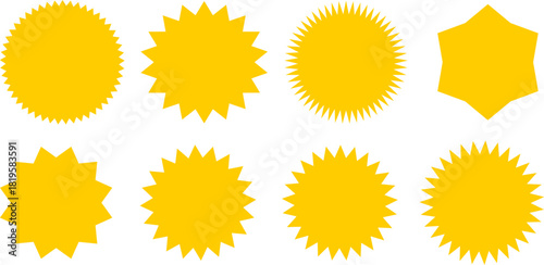 A set of eight yellow starburst and sunburst shapes with varying numbers of points, isolated on a white background.