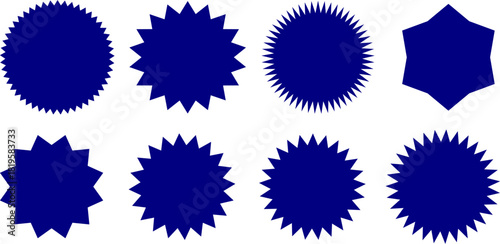 A collection of eight different blue starburst and seal shapes isolated on a white background.