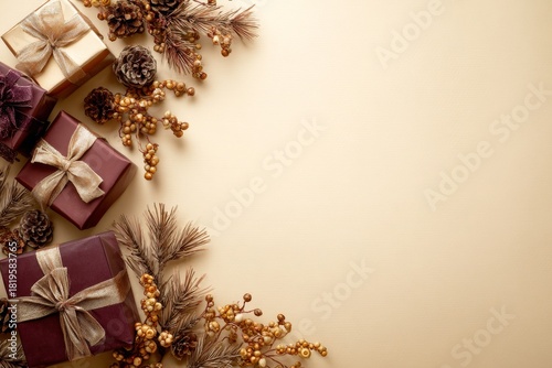 Elegant wrapped presents and natural festive decorations border a plain background space