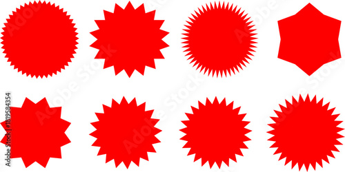 A collection of eight different red starburst and seal shapes on a white background.