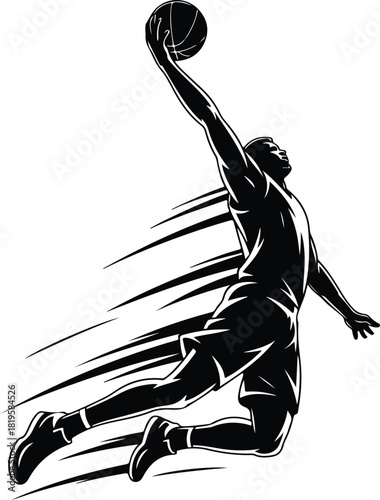 Dynamic silhouette of a basketball player performing a powerful dunk with motion blur