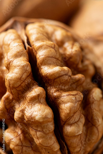 Close-up view of a walnut shell highlighting its intricate texture and natural patterns during daylight