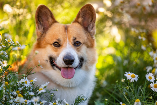 Fototapeta Naklejka Na Ścianę i Meble -  Portrait of a cute corgi dog on a summer meadow among white daisy flowers