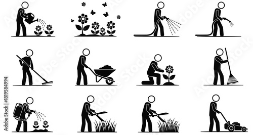 Gardening and Lawn Care Activities Glyph Icon Set - Featuring Watering, Planting, Raking, Wheelbarrow Use, Grass Cutting, and Mowing Vector Pictograms.