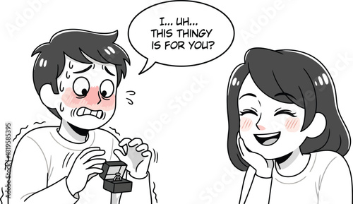 Young man nervously proposing to happy young woman holding open ring box in hand