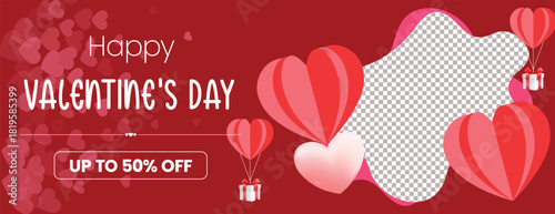Happy Valentine’s Day sale banner with luxury 3D hearts, romantic vector illustration, modern social media header, website cover, greeting card and celebration invitation banner template background