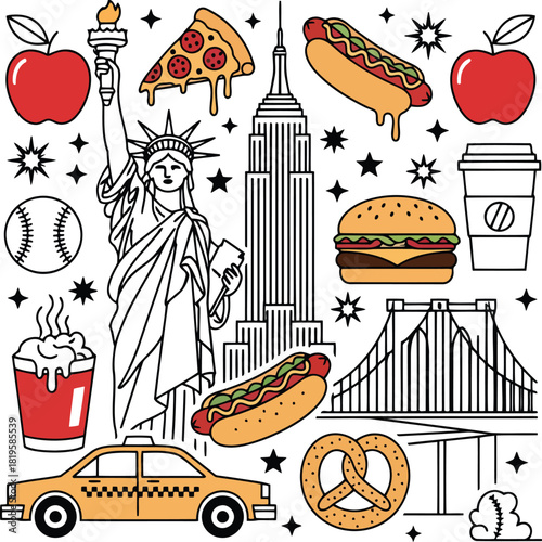 New York City Tourist Elements With Landmarks, Food, Statue of Liberty and Bridge