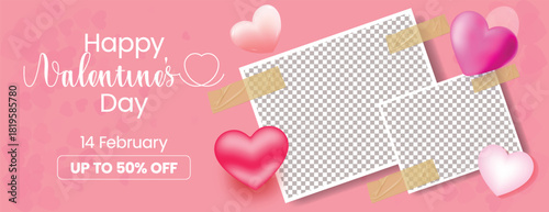 Trendy Valentine’s Day web header with 3D love hearts, clean minimalist background, creative greeting card and invitation template designed for social media cover and celebration party banner