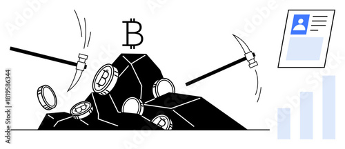 Bitcoin mining. Bitcoin with coins, pickaxes, and digital ID alongside growth chart. Bitcoin mining as a decentralized way of generating cryptocurrency. For crypto, blockchain, finance, identity