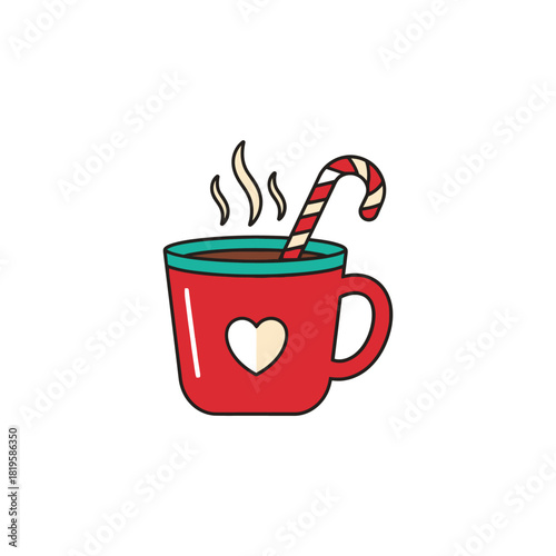 Red mug of hot chocolate with a candy cane and heart
