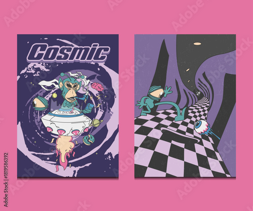 Photography retro psychedelic cartoon posters with a monkey alien and a surreal eyeball char