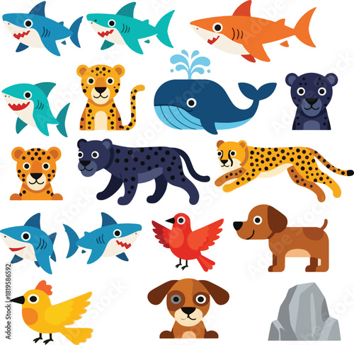Collection of cute cartoon sea creature and jungle animal vector icons