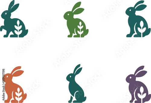 Six stylized rabbits in various colors with leaf motifs bunny hare