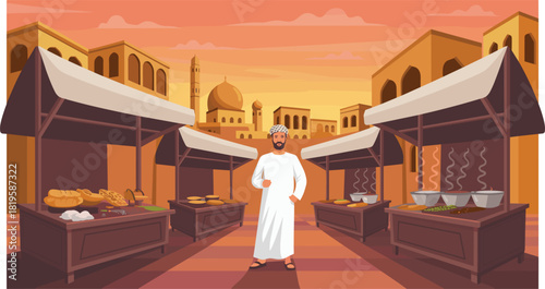 Middle Eastern market scene, sunset atmosphere, traditional clothing, Arabic food stalls, mosque background, cultural heritage, warm tones, flat vector illustration