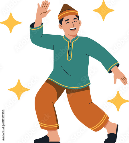 Southeast Asian celebration, traditional clothing, festive dance, cultural attire, joyful expression, sparkles, heritage costume, flat vector illustration