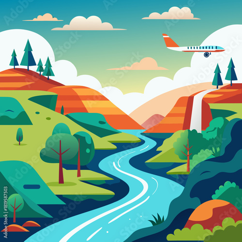 Inspiring landscape with vibrant trees, hills, and a flowing river beneath a bright sky with an airplane for travel and adventure, originally a scalable graphic
