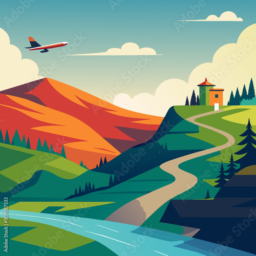 Stunning mountain landscape with winding road and airplane, perfect for travel brochures and vacation promotions, vibrant hues and a sense of adventure and escape