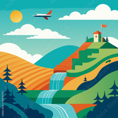 Serene landscape illustration of rolling hills, a cascading waterfall, charming hillside villa, and airplane soaring through a sunny sky, perfect for travel brochures or vacation promotions