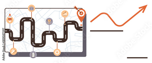 Curved road on map with milestones, target icon, growth arrow. Ideal for strategy, planning, navigation, goals, business achievement success. Simple flat metaphor
