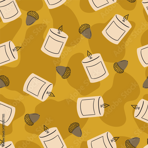 Autumn Candles and Acorns Vector Seamless Pattern