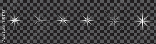 Flash light on black transparent background. Vector glow sparkle effect. Abstract lens flare ignition. Flashing lights