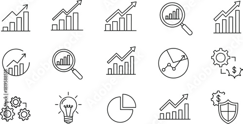 Business data analytics and growth icons in line art style