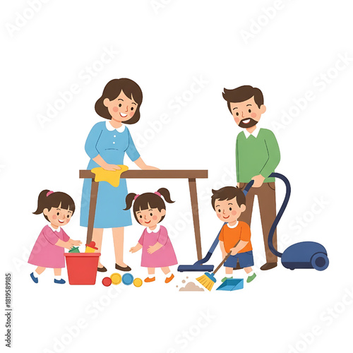 Happy Family Cleaning Together. Parents and Kids Doing Housework