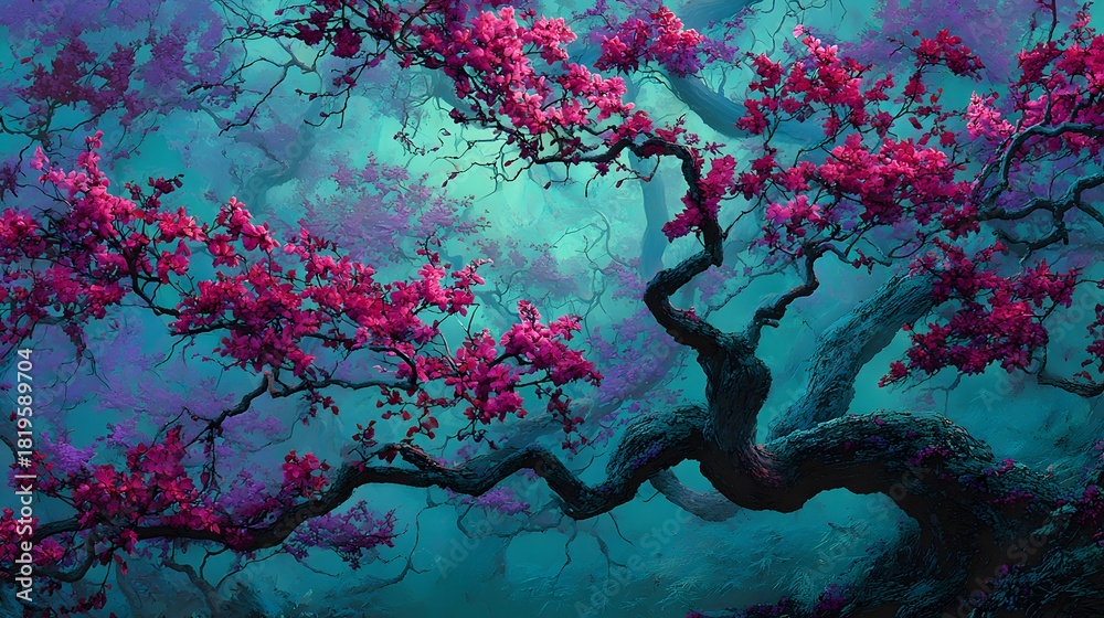 Fototapeta premium Fantasy cherry blossom tree with pink flowers against a teal backdrop