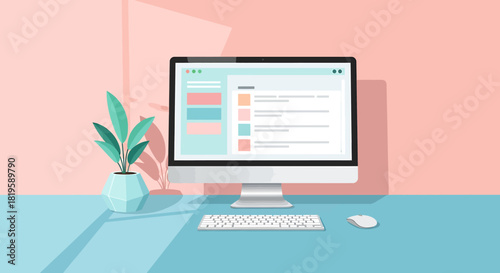 Modern computer setup with plant on desk, digital interface