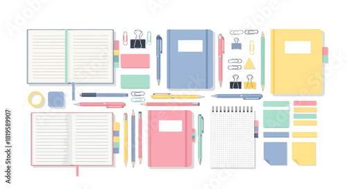 Flat lay of colorful stationery items