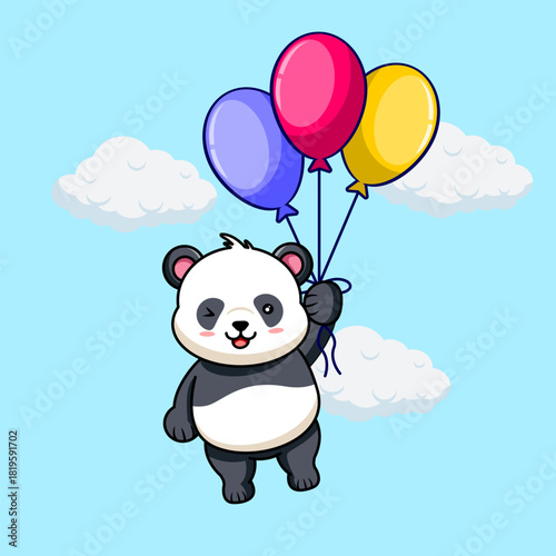 Cute Panda Flying so High With Balloons Vector Illustration Cartoon Design
