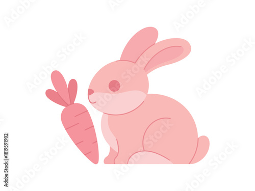A cute pink rabbit with a carrot on a white background.