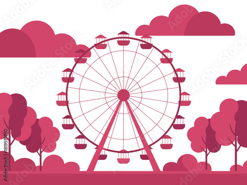 A vibrant Ferris wheel stands tall against a backdrop of stylized clouds and trees.