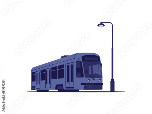 A modern blue tram is parked next to a street lamp on a white background.