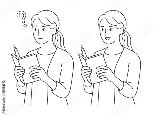 A woman experiences confusion, then clarity while taking notes.