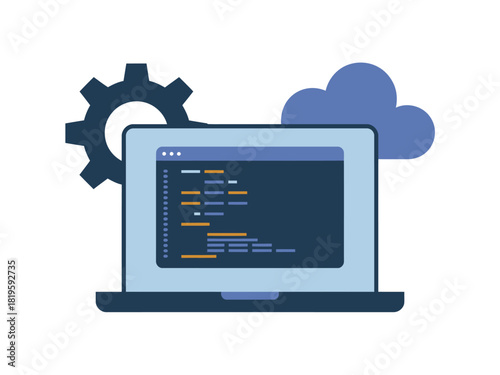 A laptop displays code with a gear and cloud icon symbolizing technology and development.