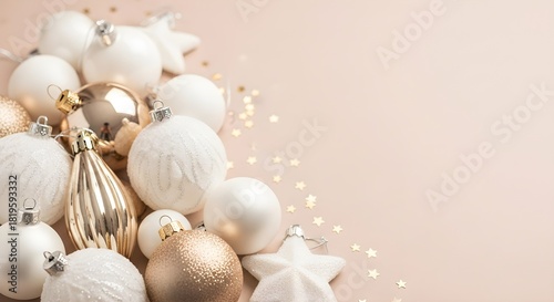 Elegant white and gold christmas baubles, stars, glitter on light festive background design.