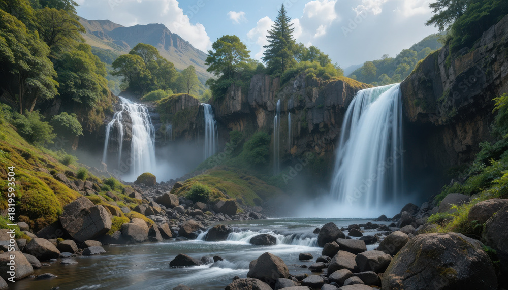 Fototapeta premium A scenic view of waterfalls flowing down the mountain