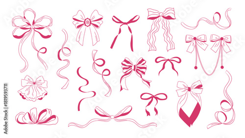 Pink fancy bows in coquette style. Vector girly elements on white background