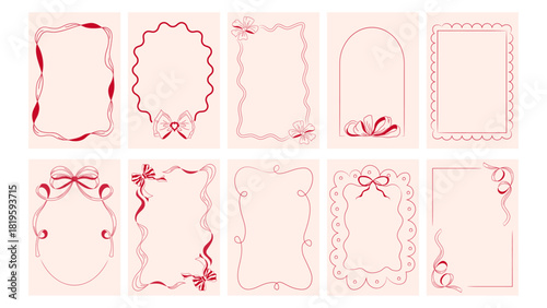 Vintage coquette frames with bows and ribbons, hand drawn doodles