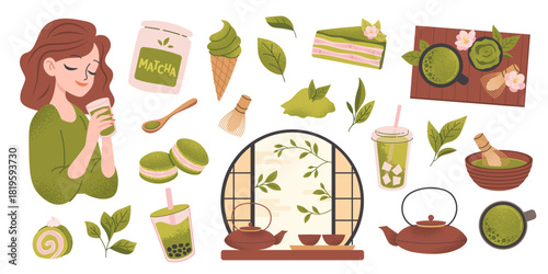 Matcha drinks, pastries, and sweets with popular Asian flavor of matcha